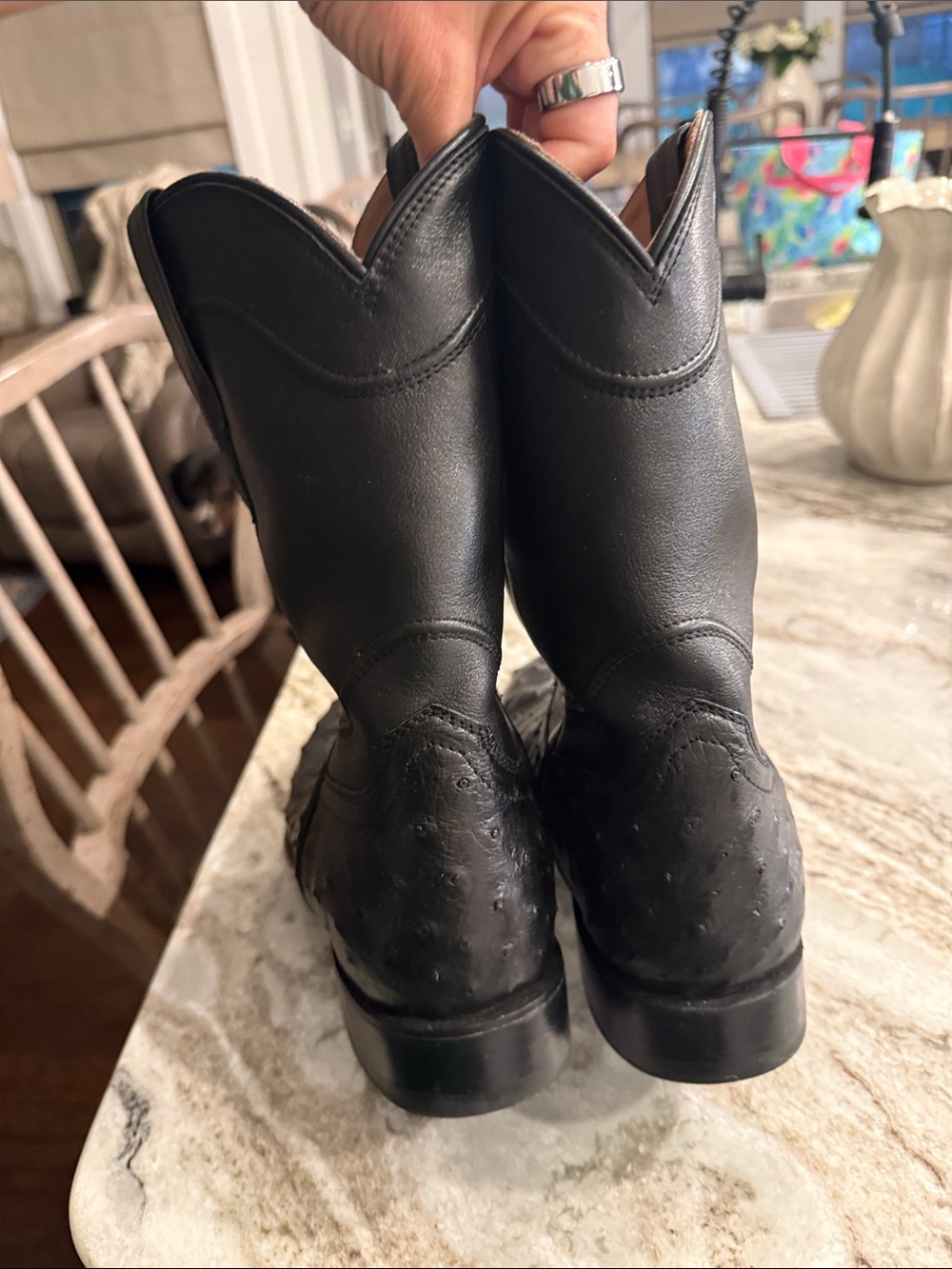 Tecovas Black Leather Ostrich-Texture Western Boots - Picture 4 of 6